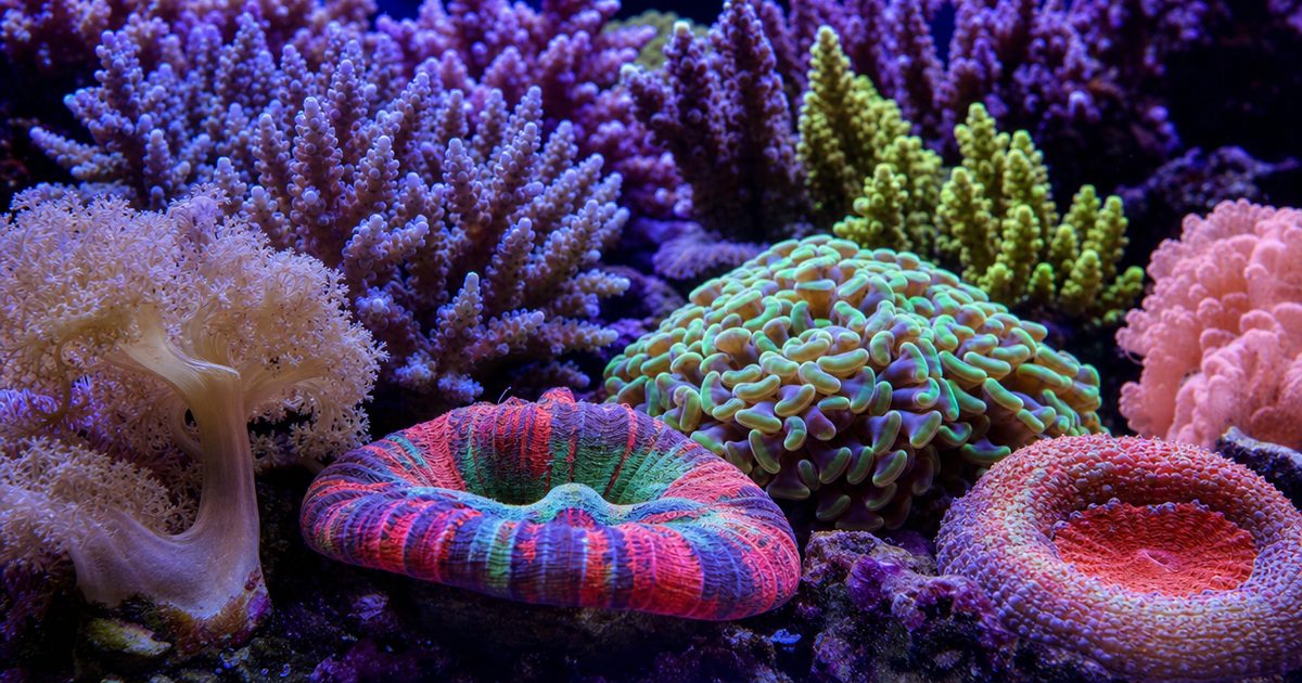 Colorful SPS corals growing in a reef aquarium.