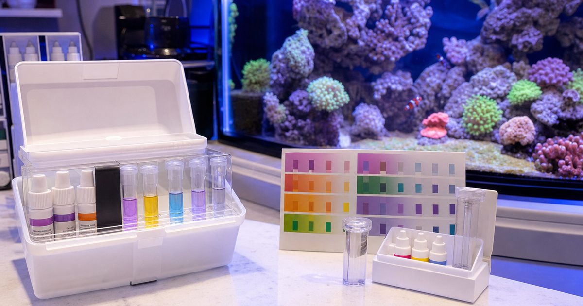 Reef aquarium water testing equipment on a bench.