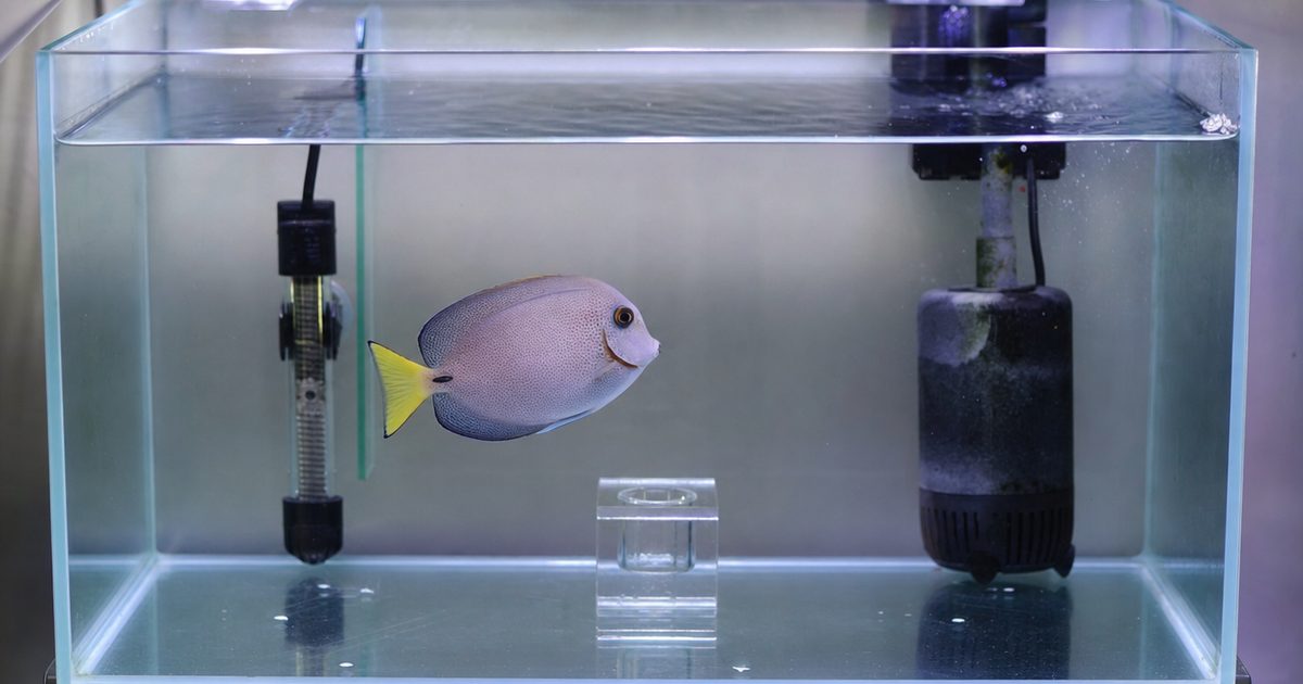 A reef aquarium with fish swimming among corals.