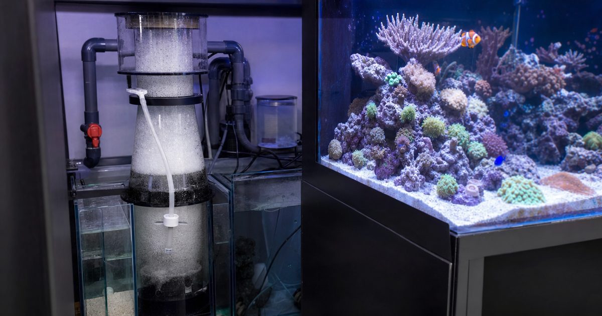 A protein skimmer running in an aquarium sump.