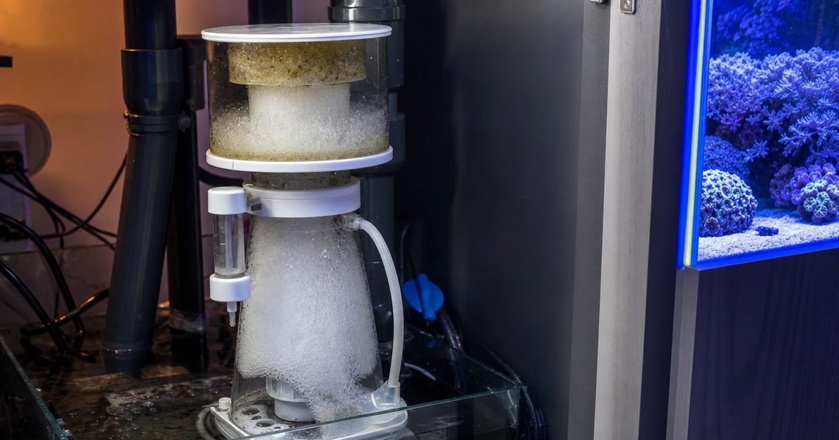 A protein skimmer running in a reef aquarium sump, fine bubbles churning in the reaction chamber with a foam collection cup on top.