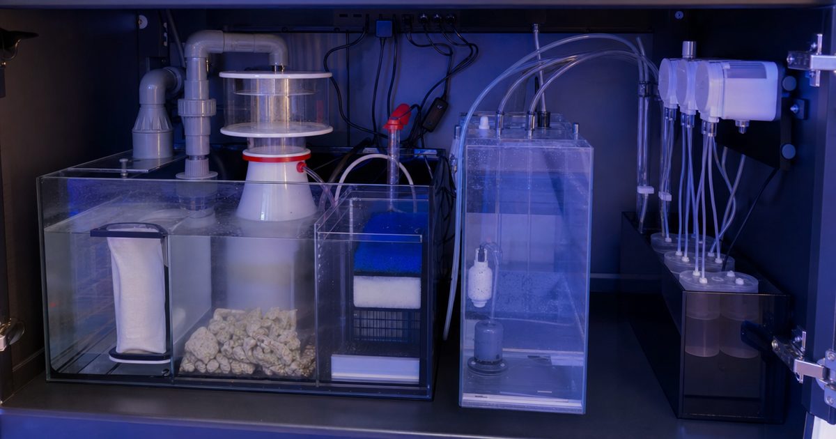 A reef aquarium sump with a titanium heater, an auto top-off reservoir and dosing pumps neatly arranged.