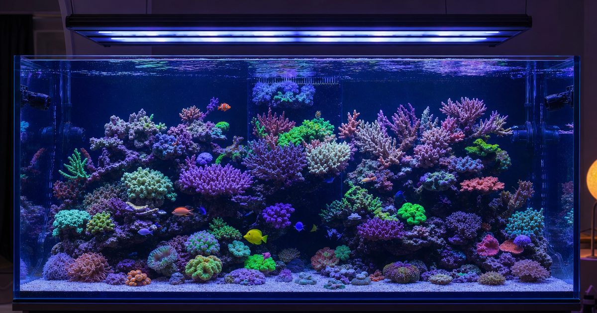 A thriving mixed saltwater reef aquarium full-tank shot, packed with colourful SPS and LPS corals under blue reef LED lighting in clear water.